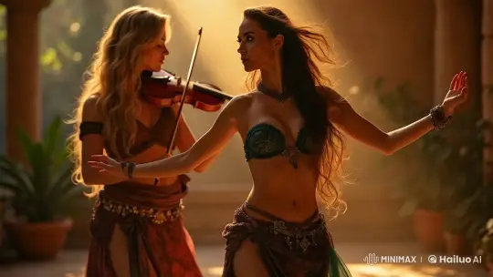 Dancer and Violinist Perform in Sunlit Courtyard – AI Generated Video | Hailuo AI