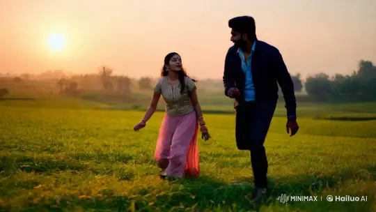 Romantic Encounter Amidst Verdant Fields at Golden Hour – AI Generated Video | Hailuo AI