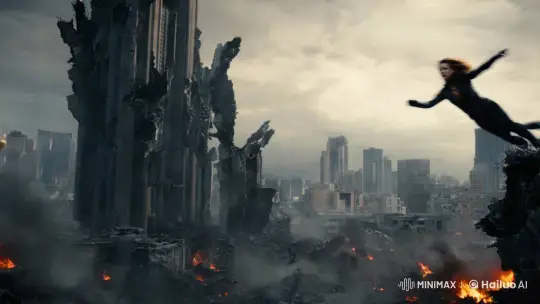 Title: "Dystopian Future: Woman Leaps to Mech Amid Ruins" – AI Generated Video | Hailuo AI