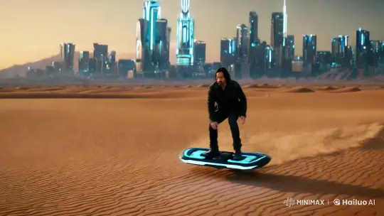 Keanu Reeves' Graceful Hoverboard Stunt in Futuristic Desert Scene – AI Generated Video | Hailuo AI