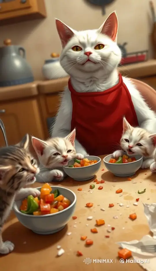 Mother Cat Watches Kittens Enjoy Mealtime – AI Generated Video | Hailuo AI