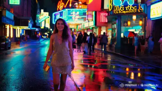 Confident Woman in Neon-Lit City Night – AI Generated Video | Hailuo AI