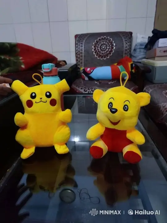 Plush Pikachu and Bear Greet, Shake Hands in Cozy Living Room – AI Generated Video | Hailuo AI