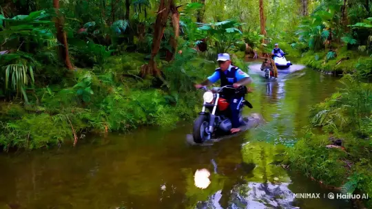 Monkey and Bear Escape on Motorcycle: Aesthetic Chase in Nature – AI Generated Video | Hailuo AI