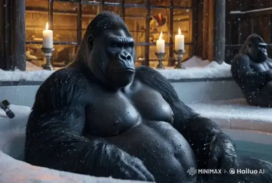 Gorilla Transitions from Cold Bath to Warm Spring – AI Generated Video | Hailuo AI