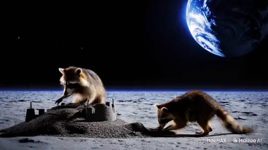 Raccoons Build Lunar Sand Castle Under Earthlight – AI Generated Video | Hailuo AI