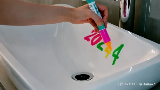 Modern Bathroom Scene: Writing 2024 on Sink, Washing Away with Water – AI Generated Video | Hailuo AI