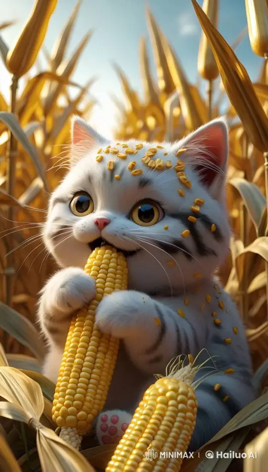 Adorable Kitten Enjoying Corn in Cornfield Setting – AI Generated Video | Hailuo AI