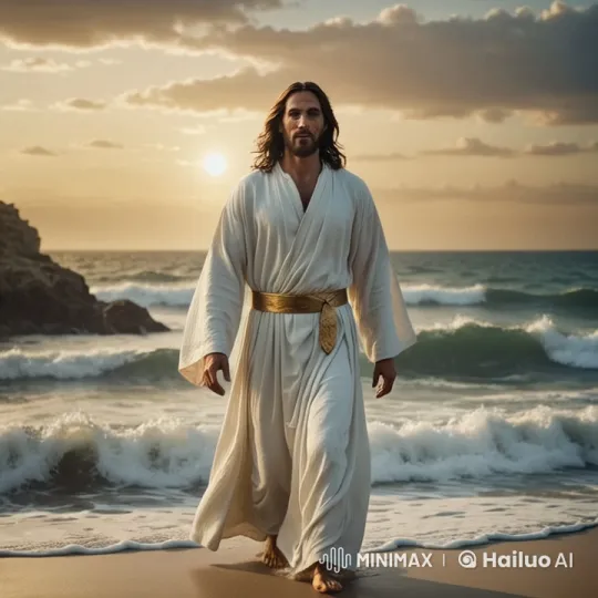 Serene Sunset Walk: Animated Jesus on a Beach – AI Generated Video | Hailuo AI