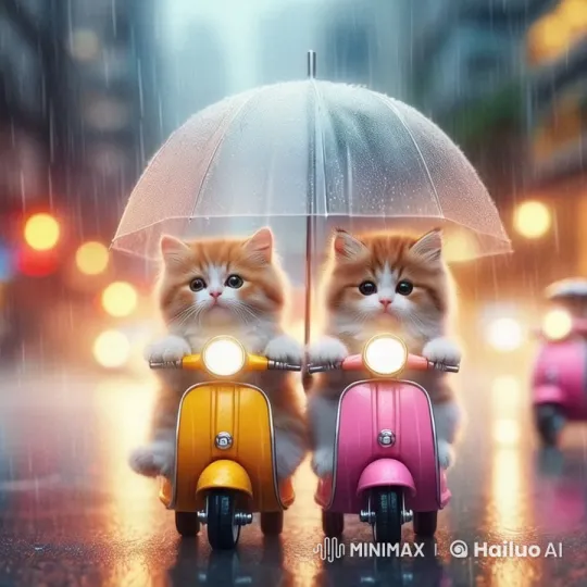 Adorable Kittens Ride Scooters in Rainy City – AI Generated Video | Hailuo AI