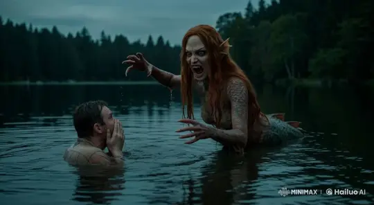 Red-haired Mermaid Drags Man Underwater in Suspenseful IMAX Scene – AI Generated Video | Hailuo AI
