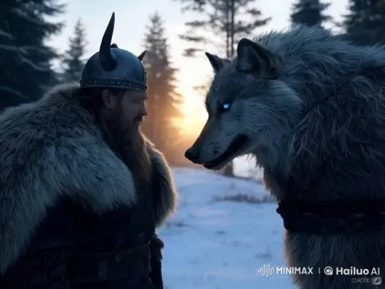 Viking Man Bonds with Glowing-Eyed Wolf in Sunset Forest – AI Generated Video | Hailuo AI