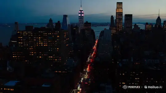 Dusk Aerial of Hell's Kitchen with Fog and Police Lights – AI Generated Video | Hailuo AI