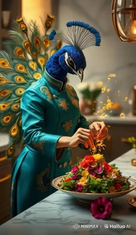 Peacock Chef Preparing Elegant Salad in Magical Kitchen – AI Generated Video | Hailuo AI