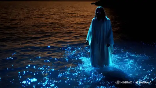 Jesus Walks on Water in Nocturnal, Luminous Scene – AI Generated Video | Hailuo AI