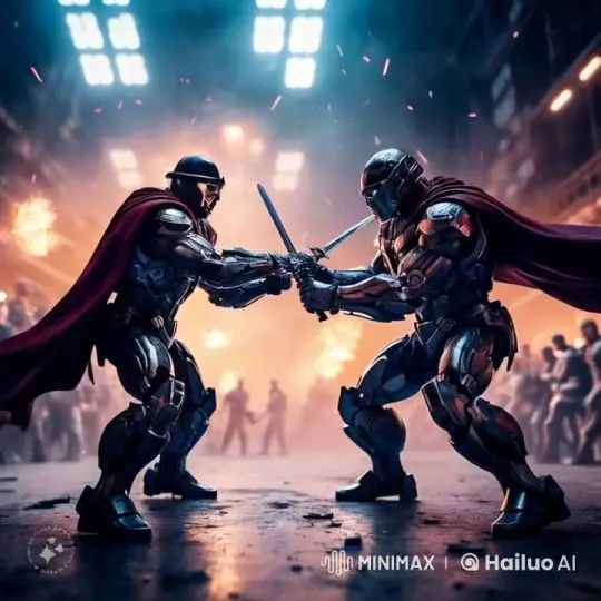 Epic Duel: Armored Warriors Clash in Industrial Arena – AI Generated Video | Hailuo AI