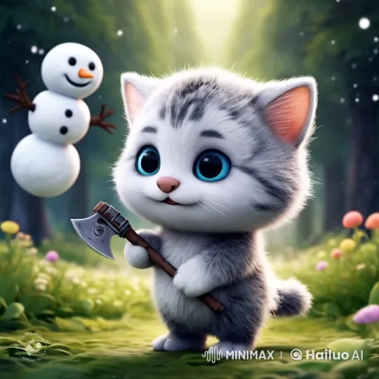 Animated Forest Clearing: Playful Kitten with Snowman Friend – AI Generated Video | Hailuo AI