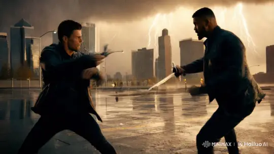 Intense Cinematic Sword Fight in Urban Thunderstorm – AI Generated Video | Hailuo AI