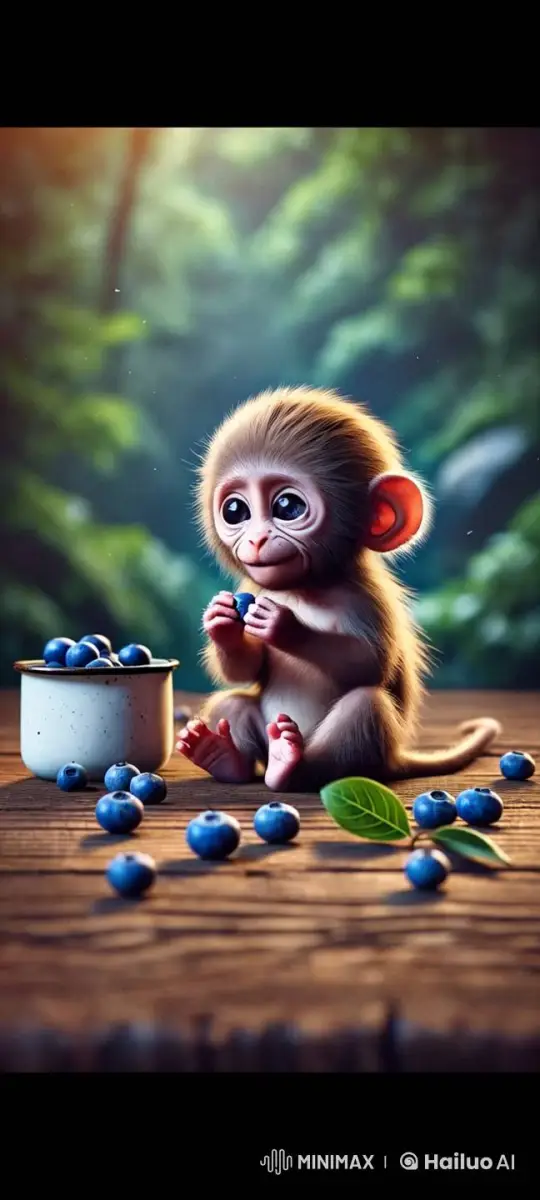 Cute Monkey Enjoying Blueberries Animation – AI Generated Video | Hailuo AI