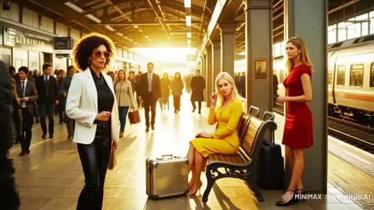 Animated Train Station Scene with Elegant Women – AI Generated Video | Hailuo AI