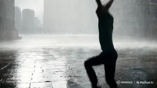 Man and Animals Dance in Dreamy, Rainy Urban Setting – AI Generated Video | Hailuo AI