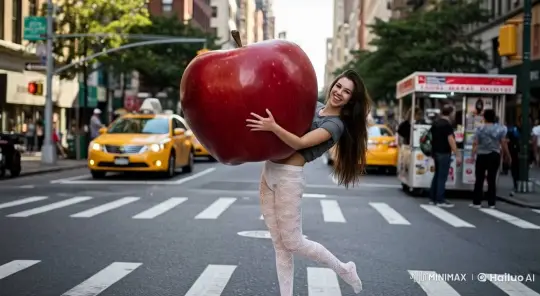Joyful Woman Poses with Giant Apple in City Street – AI Generated Video | Hailuo AI