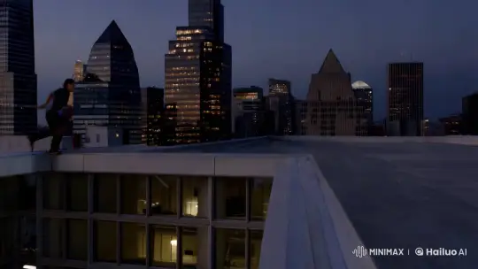 Urban Runner Leaps Over Alligator in Twilight Skyline – AI Generated Video | Hailuo AI