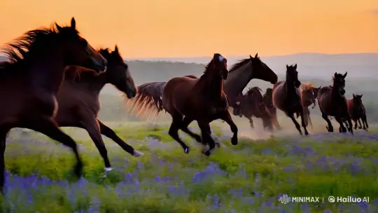 Dawn Gallop: Wild Horses in Majestic Landscape – AI Generated Video | Hailuo AI