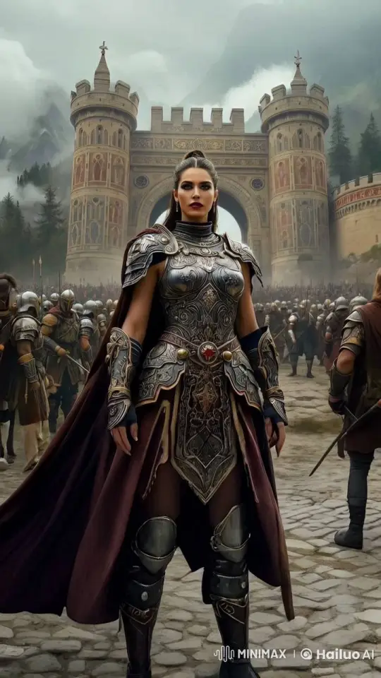 Female Warrior Leads Army at Foggy Medieval Castle – AI Generated Video | Hailuo AI