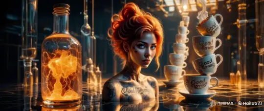 Tattooed Woman with 'Good Morning' Art and Rotating Mugs – AI Generated Video | Hailuo AI
