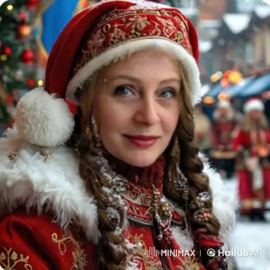 Winter Festivities: Woman in Festive Attire Amid Snowy Christmas Scene – AI Generated Video | Hailuo AI
