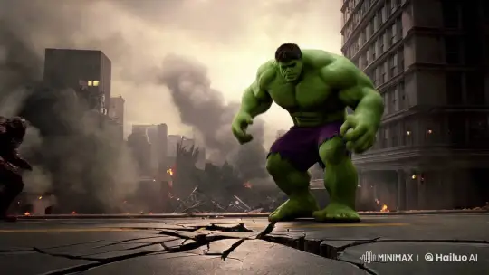 Hulk's Powerful Leap in a Dystopian Cityscape – AI Generated Video | Hailuo AI