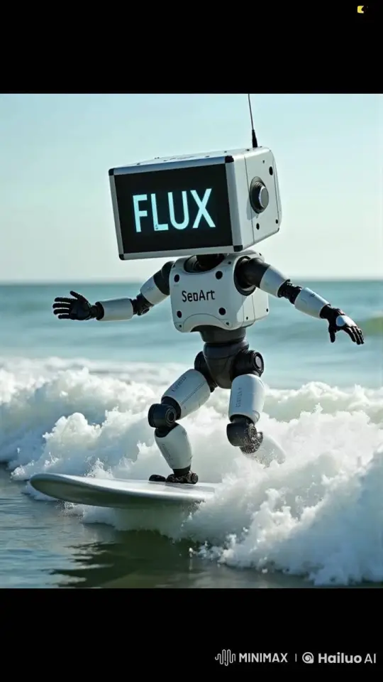 Robot Surfs and Walks on Shoreline in Serene Setting – AI Generated Video | Hailuo AI