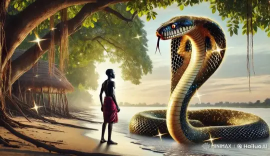 Young Man Consults Serpent for Wealth Amidst Mystical Serenity – AI Generated Video | Hailuo AI