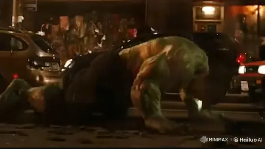 Hulk Struggles to Rise in Post-Disaster Cityscape – AI Generated Video | Hailuo AI