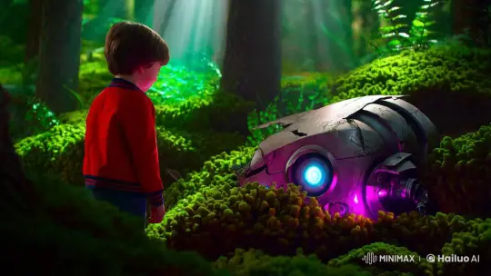 Boy Discovers Enchanted Robot in Luminous Forest – AI Generated Video | Hailuo AI
