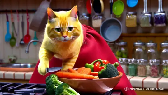 Charming Cat Prepares for Culinary Art in Colorful Kitchen – AI Generated Video | Hailuo AI