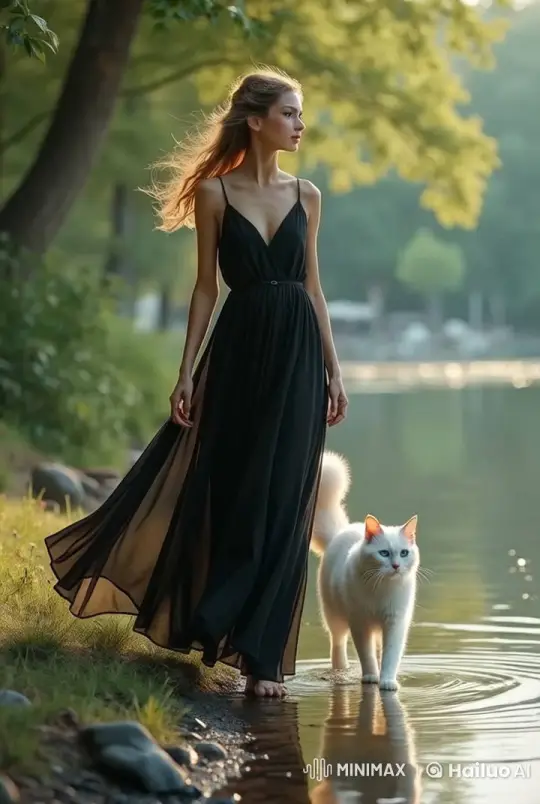 Woman and Cat Stroll by Serene Lakeside at Dawn – AI Generated Video | Hailuo AI