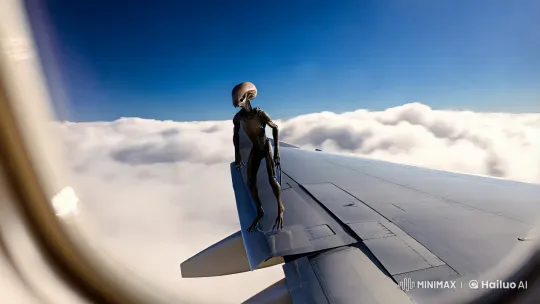 Alien 18 Stands Calmly on Airplane Wing – AI Generated Video | Hailuo AI