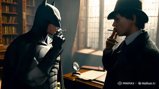 Batman and Sherlock in a Mysterious, Dimly Lit Encounter – AI Generated Video | Hailuo AI