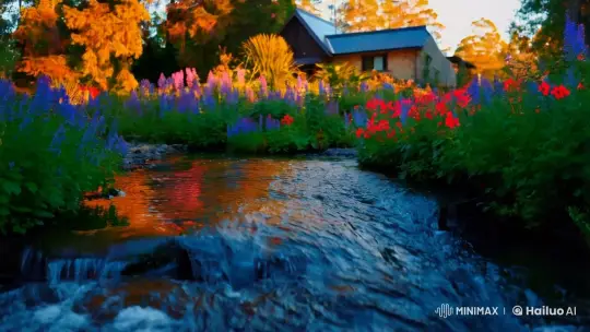 Tranquil Stream and Flowered House in Golden Hour – AI Generated Video | Hailuo AI