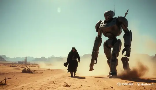 Robed Figure and Robot Walk Through Desert – AI Generated Video | Hailuo AI