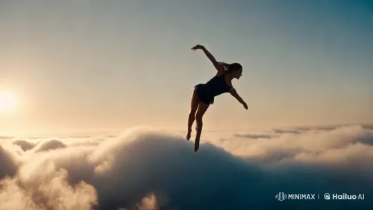 Dreamlike Figure Leaps Through Cloudy Sky – AI Generated Video | Hailuo AI