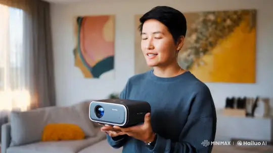 Modern Living Room Tech Showcase: Minimalist Projector – AI Generated Video | Hailuo AI