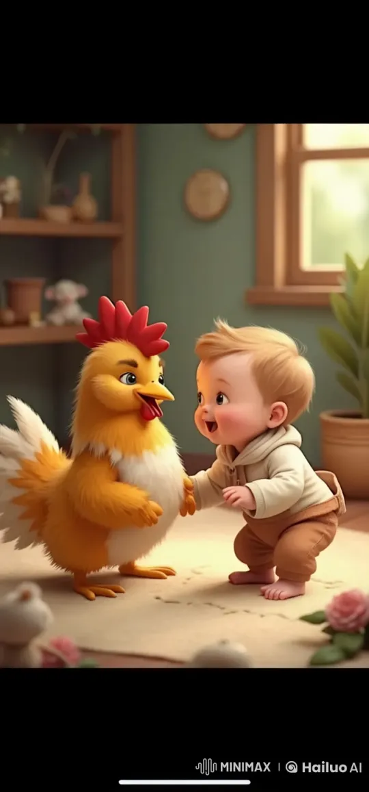 Baby and Chicken Play in Cozy Room – AI Generated Video | Hailuo AI