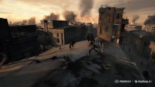 Rooftop Chase: Protagonist Evades Zombies in Desolate Cityscape – AI Generated Video | Hailuo AI