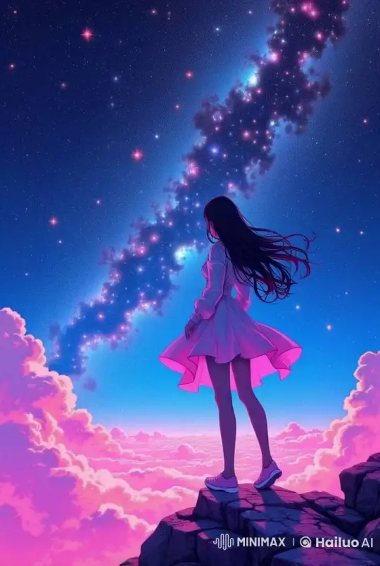 Girl on Cliff Gazing at a Starry Night Sky – AI Generated Video | Hailuo AI
