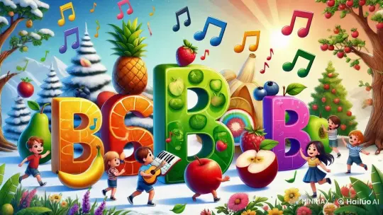 Colorful Animated Children Dance with Giant Fruit Letters – AI Generated Video | Hailuo AI