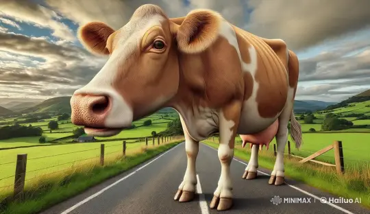 Realistic Live2D Cow in Serene Countryside Setting – AI Generated Video | Hailuo AI