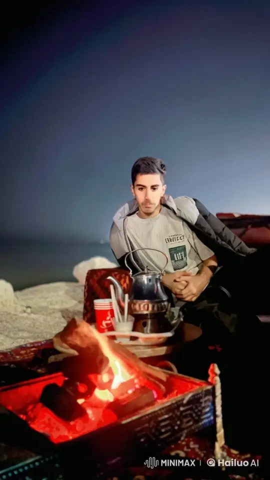 Nighttime Beach Relaxation with Fire and Smoking – AI Generated Video | Hailuo AI
